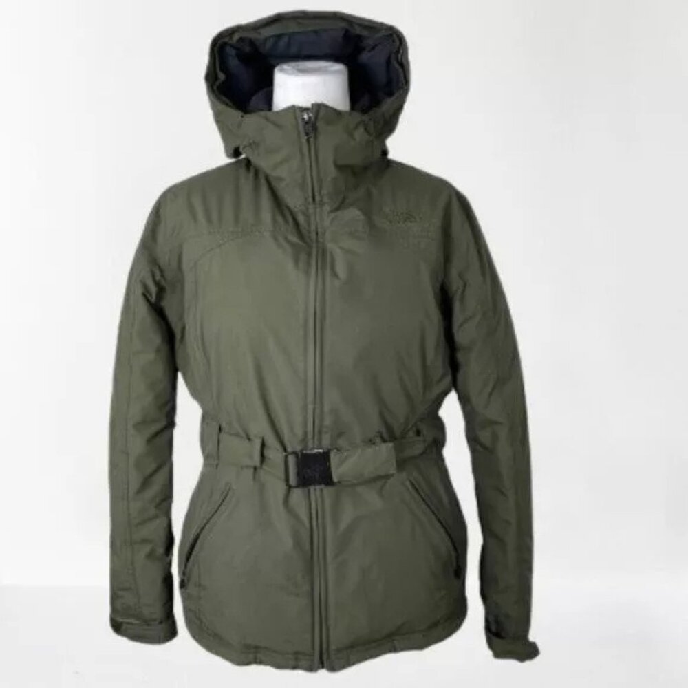 The North Face Women's Hyvent 750 Goose Down Hooded Belted Jacket Coat M Olive